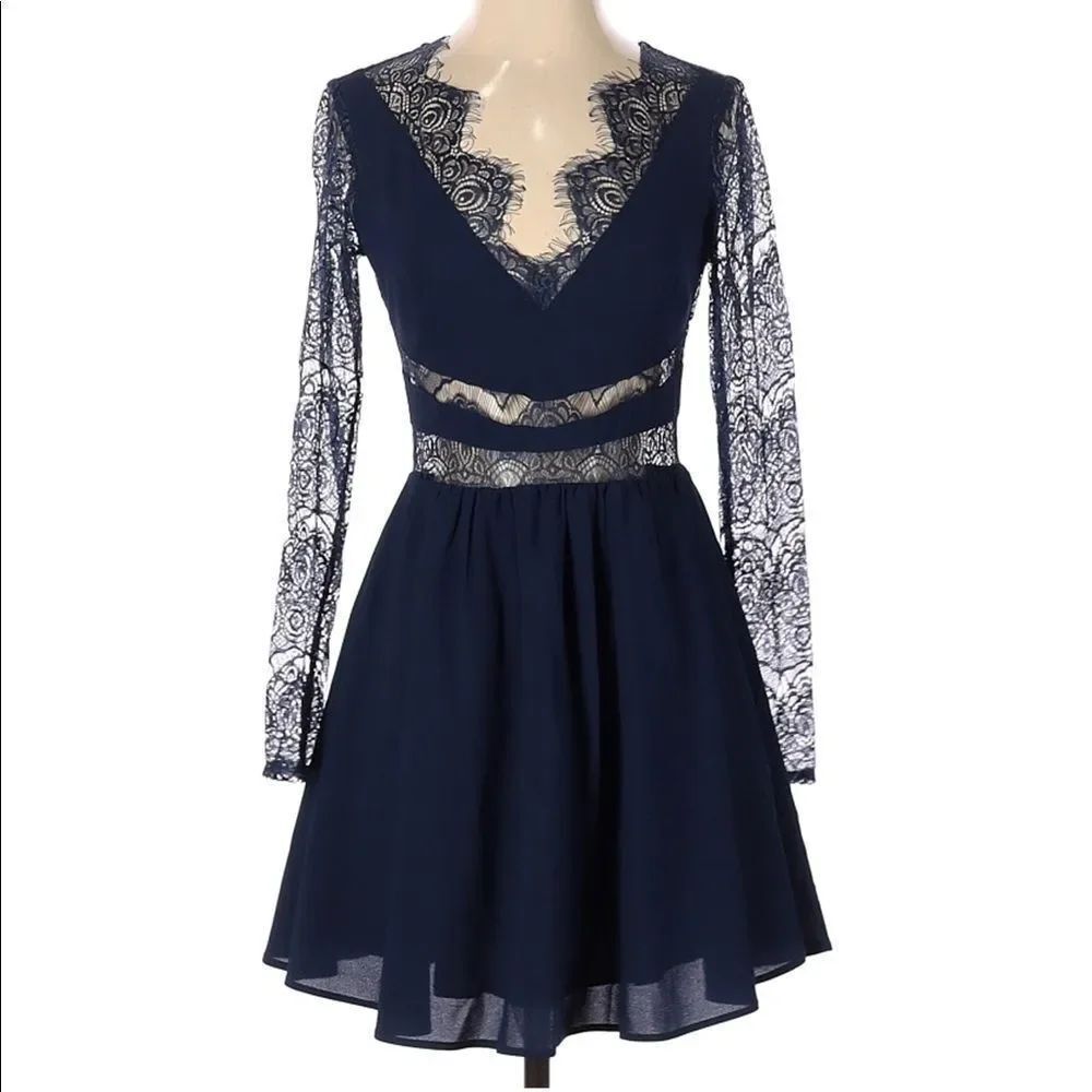 KEEPSAKE The Label Navy Blue Lace A-Line Plunge Mini Dress